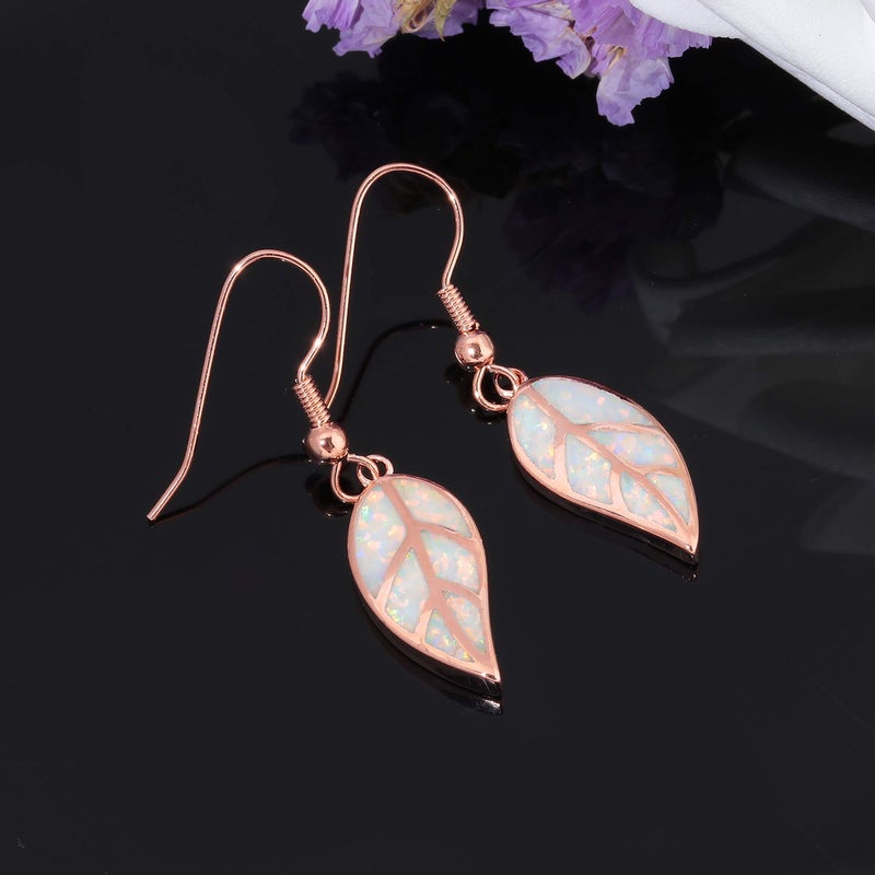CINily Rose Gold Plated Opal Dangle Earring-Leaf Drop Earrings White Opal Gemstone Dangle Earrings for Women - Image 4